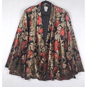 Vtg BFA Classics Velvet Jacket 1X Open Front Red Black Gold Floral Wedding Guest